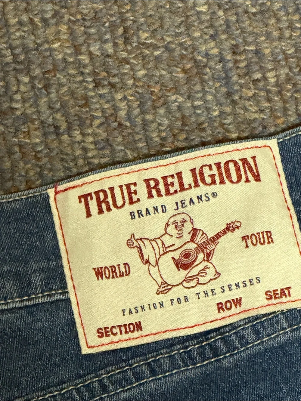True Religion Men's Blue Jeans with Turquoise Script Patch